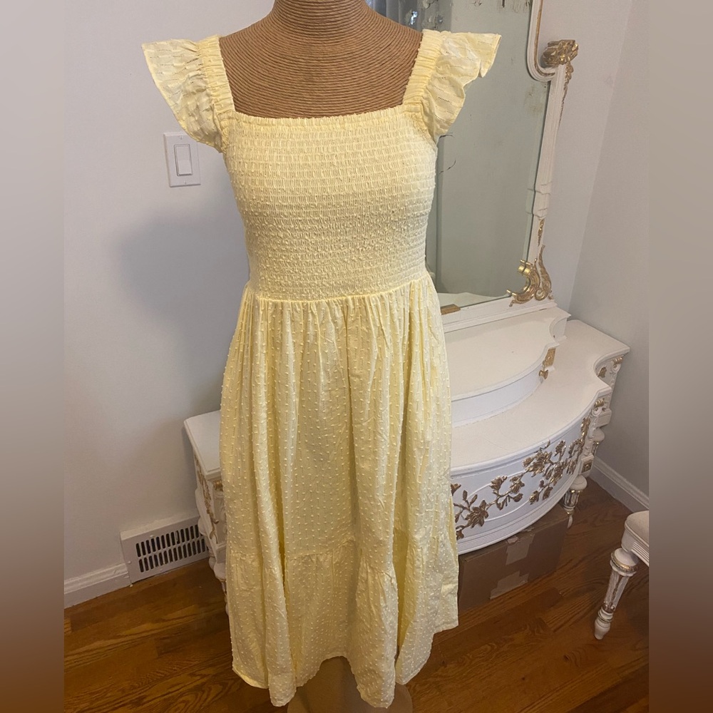 LOFT Yellow Smocked Midi Dress